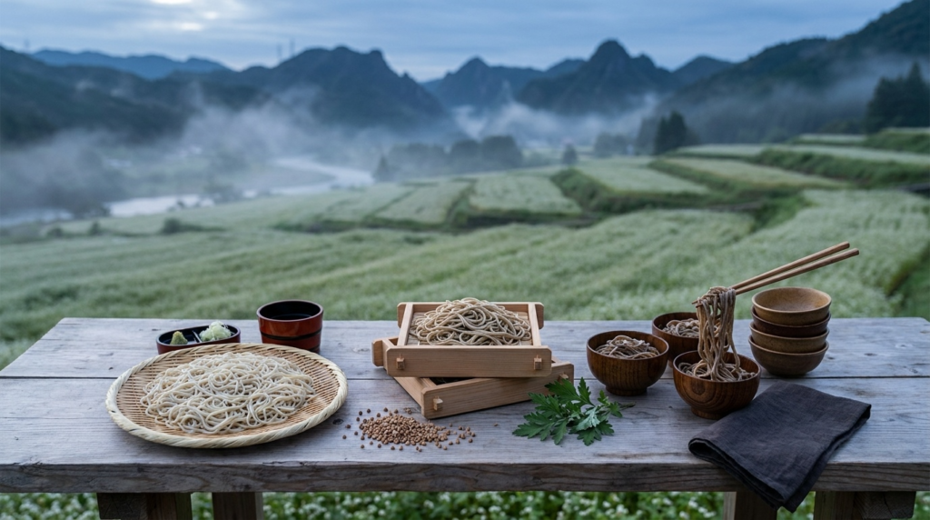 Three regional soba presentations — Tokyo zaru, Shinano cedar-lidded seiro, and wanko soba — arranged before terraced buckwheat fields and distant volcanic highlands.