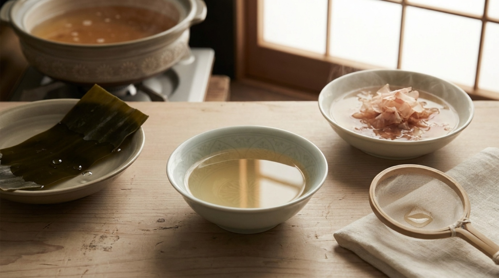 A small celadon bowl of clear pale-gold ichiban dashi beside a sheet of konbu kelp and curled katsuobushi flakes mid-extraction, with a second pot of niban dashi simmering behind.