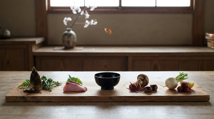 A seasonal still-life arranging fresh spring bamboo shoot, summer fish, autumn matsutake and maple leaf, and winter turnip beside an empty lacquered bowl.