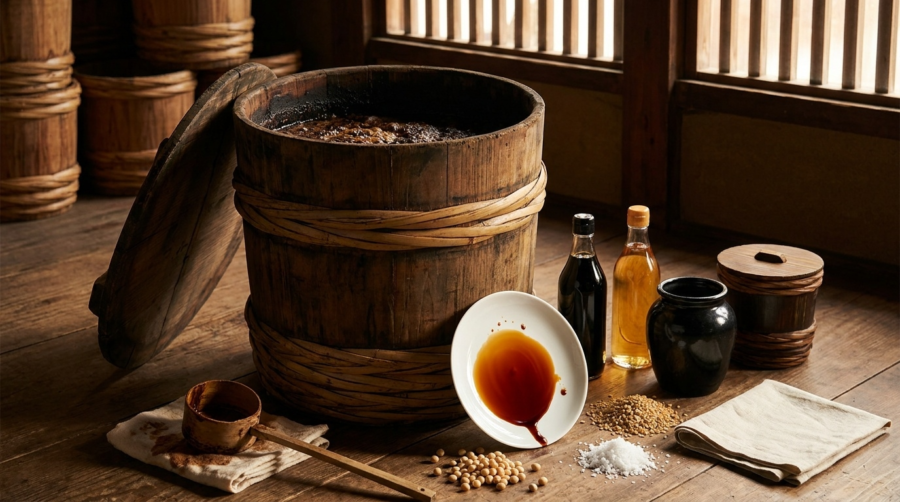 A weathered cedar kioke barrel with bamboo hoops beside four ceramic vessels of koikuchi, usukuchi, tamari, and saishikomi soy sauces arranged on aged cedar.