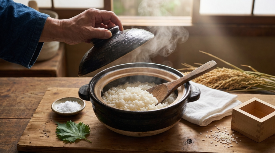 Steam rising from a clay donabe of freshly steamed glistening japonica rice, with a worn shamoji paddle resting inside.
