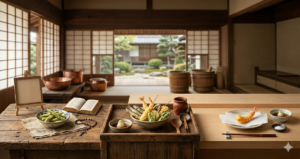 A visual timeline of tempura's 500-year history in Japan, showing its evolution from Portuguese-style fried green beans to Edo street food and finally to modern, refined shrimp tempura on a traditional wooden counter.