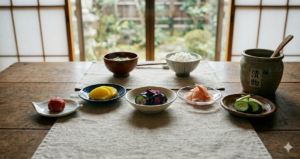 There are lots of japanese pickles on the table