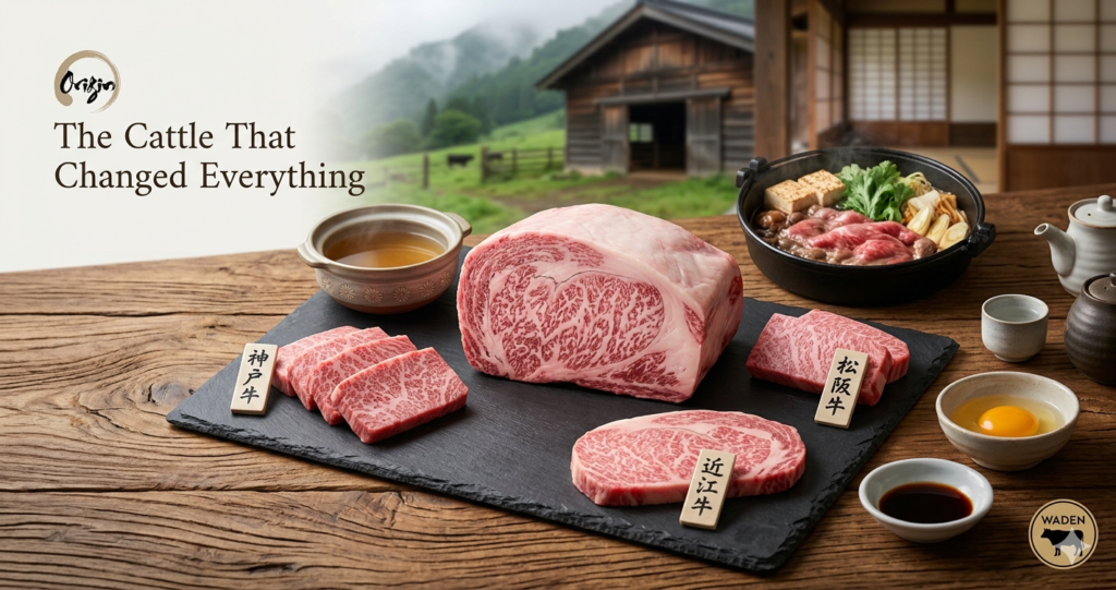 A sophisticated close-up photograph of A5 Japanese Wagyu beef cuts displayed on a slate tray and wooden table. A heavily marbled Kuroge Washu steak is centered, with slices of Kobe Beef (神戸牛), Matsusaka Beef (松阪牛), and Omi Beef (近江牛) clearly labeled in Japanese calligraphy. The background features a blurred traditional Japanese farmhouse and green pasture, with a cast iron Sukiyaki pot, dashi broth, and shabu-shabu ingredients. The text 'The Cattle That Changed Everything: A Guide to Japanese Wagyu' is in the upper left, with the WADEN logo in the lower right.
