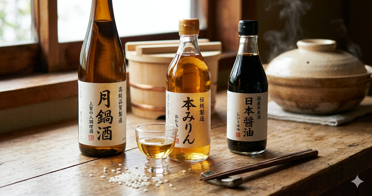On display are mirin, soy sauce, and sake—essential seasonings in Japanese households.