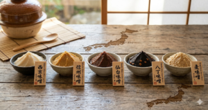 Against a backdrop of a map of Japan, five different types of miso—Saikyo miso, Shinshu miso, Sendai miso, Hatcho miso, and barley miso—are arranged in small bowls, each accompanied by a wooden tag bearing its name. Traditional earthenware pots and shoji screens are visible in the background, creating a dining scene imbued with Japanese charm.
