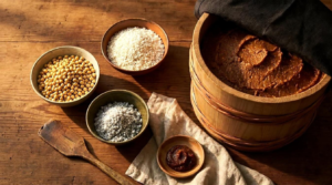 Rustic ceramic bowls of soybeans, koji rice, and sea salt beside a wooden kioke barrel of aging dark miso on a weathered cedar surface.