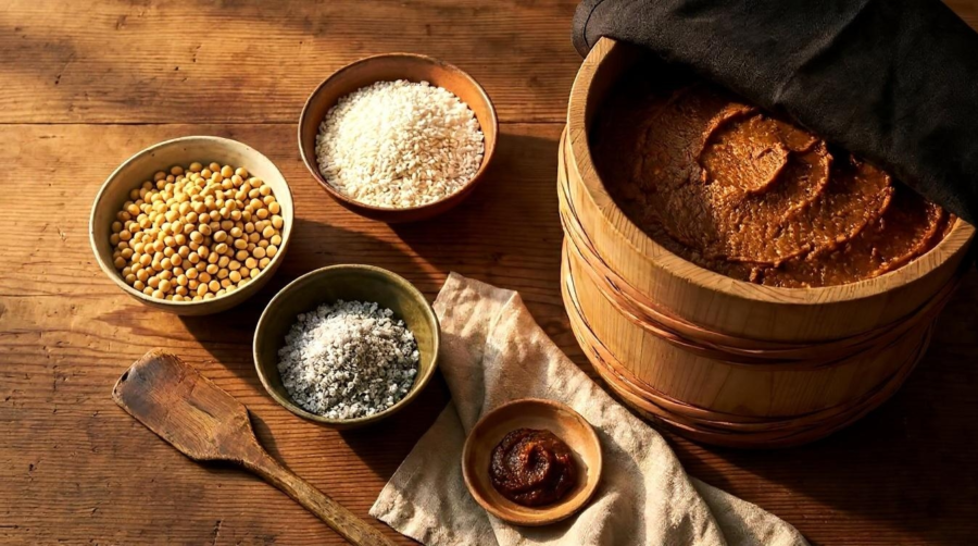 Rustic ceramic bowls of soybeans, koji rice, and sea salt beside a wooden kioke barrel of aging dark miso on a weathered cedar surface.