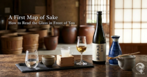 A professional sake tasting flight on a slate tray, featuring various types like Ginjo, Junmai, Nigori, and Koshu in different glassware, set in a traditional Japanese brewery with wooden barrels in the background.