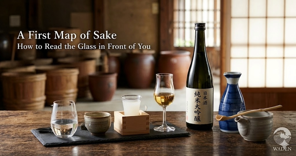 A professional sake tasting flight on a slate tray, featuring various types like Ginjo, Junmai, Nigori, and Koshu in different glassware, set in a traditional Japanese brewery with wooden barrels in the background.