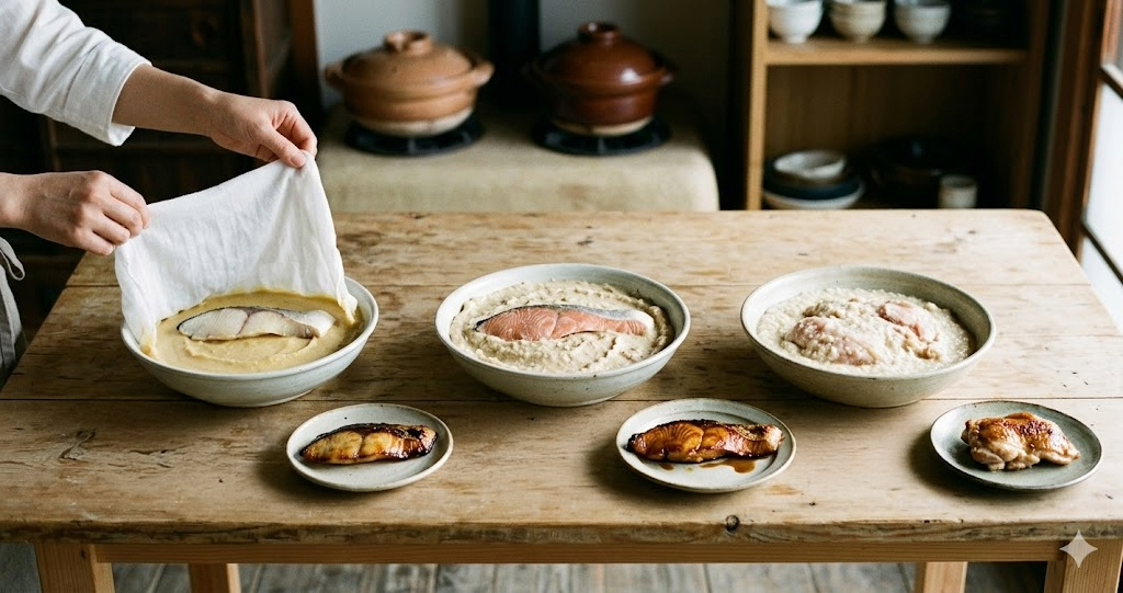 The table is set with fish and meat marinated in miso and koji. These dishes are part of Japan’s long-standing culinary tradition.