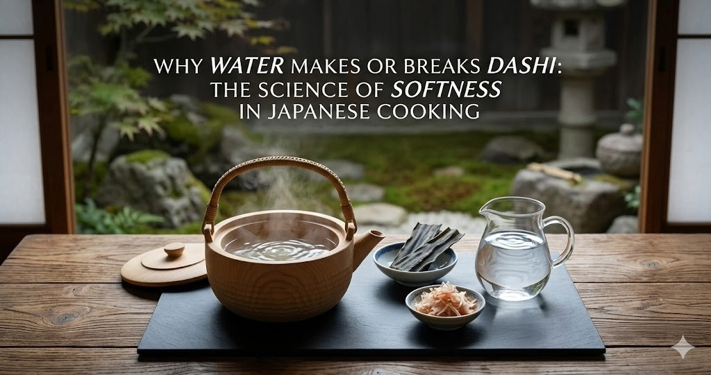 A sophisticated still life of Japanese dashi ingredients featuring a wooden pot of steaming water, high-quality kombu kelp, and katsuobushi (bonito flakes) on a slate tray, set against a blurred traditional Japanese garden background.