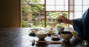 A traditional Japanese meal is served on a wooden table with a view of a garden. A person in a blue kimono is picking up food with chopsticks, demonstrating proper etiquette in a calm atmosphere.