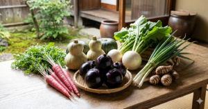 A vibrant display of traditional Kyoto heirloom vegetables (kyoyasai) on a rustic wooden table, featuring deep red Kintoki carrots, round Kamo eggplants in a bamboo basket, unique snowman-shaped Shishigatani squash, large white Shogoin turnips, Kujo green onions, and Ebi imo (shrimp taro), with a traditional Japanese garden background.