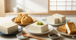 An artistic overhead shot of various Japanese tofu types, including a central block of silken tofu with ginger and scallions, firm cotton tofu, and golden-fried aburaage, arranged on traditional ceramic plates in a minimalist, naturally lit setting.
