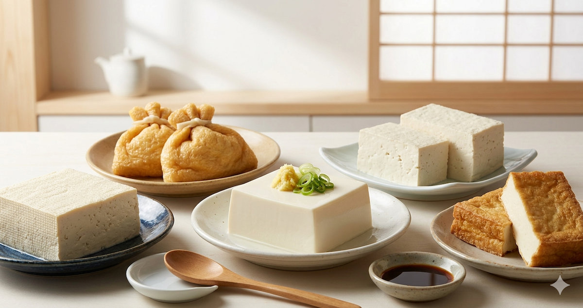An artistic overhead shot of various Japanese tofu types, including a central block of silken tofu with ginger and scallions, firm cotton tofu, and golden-fried aburaage, arranged on traditional ceramic plates in a minimalist, naturally lit setting.