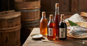 Three glass bottles of Japanese fish sauce (gyosho) in varying shades of amber and dark brown, placed on a rustic wooden table alongside raw fish, coarse sea salt, and traditional fermentation barrels.