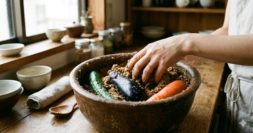 A person's hand mixing a traditional Japanese nukadoko (rice bran bed) in a large ceramic crock, with fresh cucumber, eggplant, and carrot partially buried in the earthy fermented paste on a rustic wooden kitchen counter.