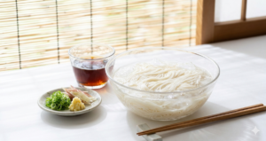 A refreshing Japanese summer scene featuring thin, white somen noodles served in a clear glass bowl with ice water, accompanied by a cup of dark tsuyu dipping sauce, chopped scallions, and grated ginger against a bright bamboo screen background.