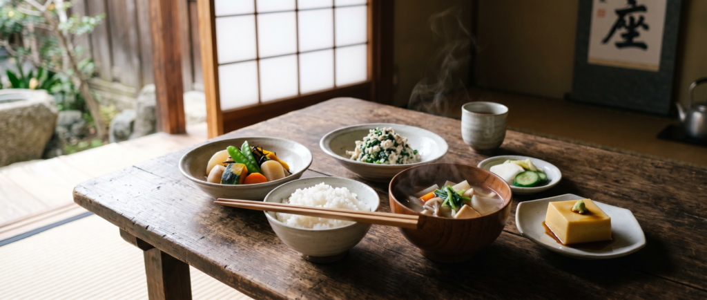 "Traditional shojin ryori Buddhist temple meal featuring ichiju sansai format with white rice, kenchinjiru soup, seasonal vegetable side dishes, and gomadofu sesame tofu, arranged on simple pottery in contemplative temple setting with natural light."