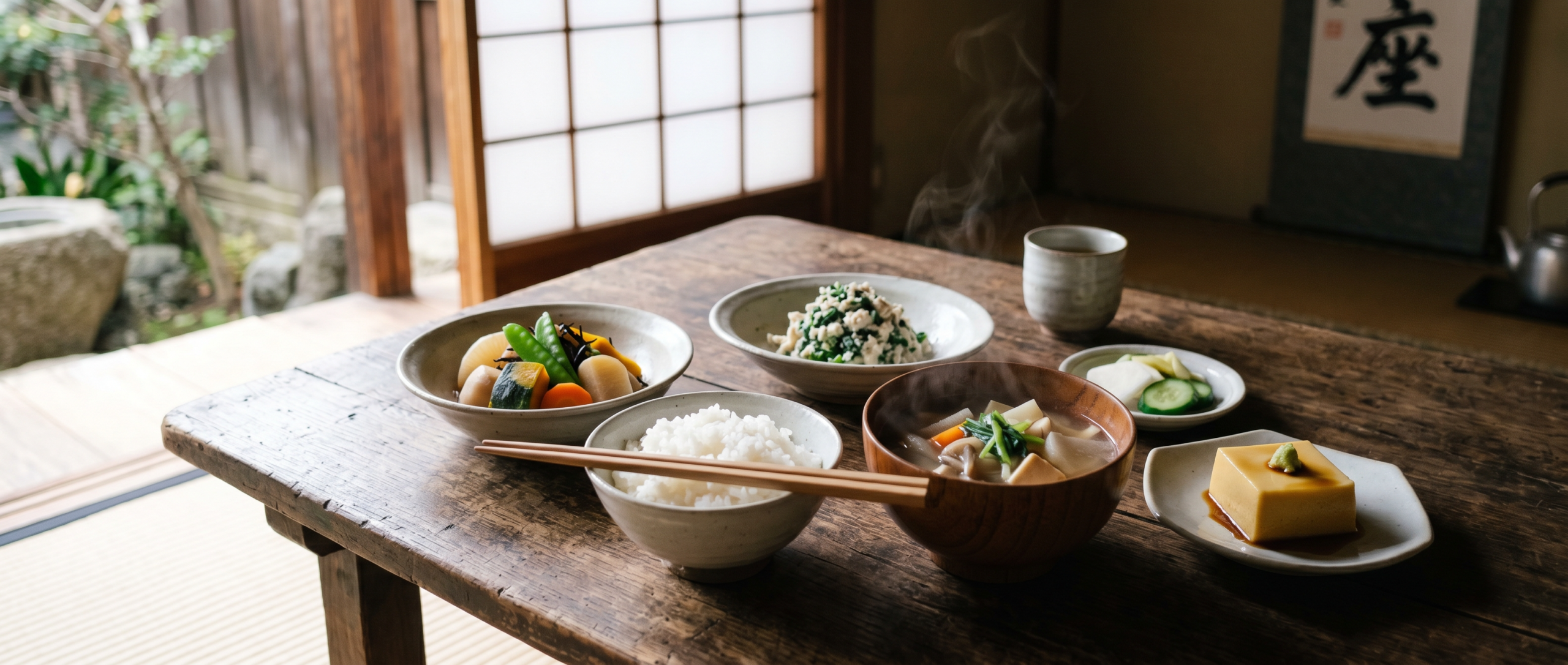 "Traditional shojin ryori Buddhist temple meal featuring ichiju sansai format with white rice, kenchinjiru soup, seasonal vegetable side dishes, and gomadofu sesame tofu, arranged on simple pottery in contemplative temple setting with natural light."