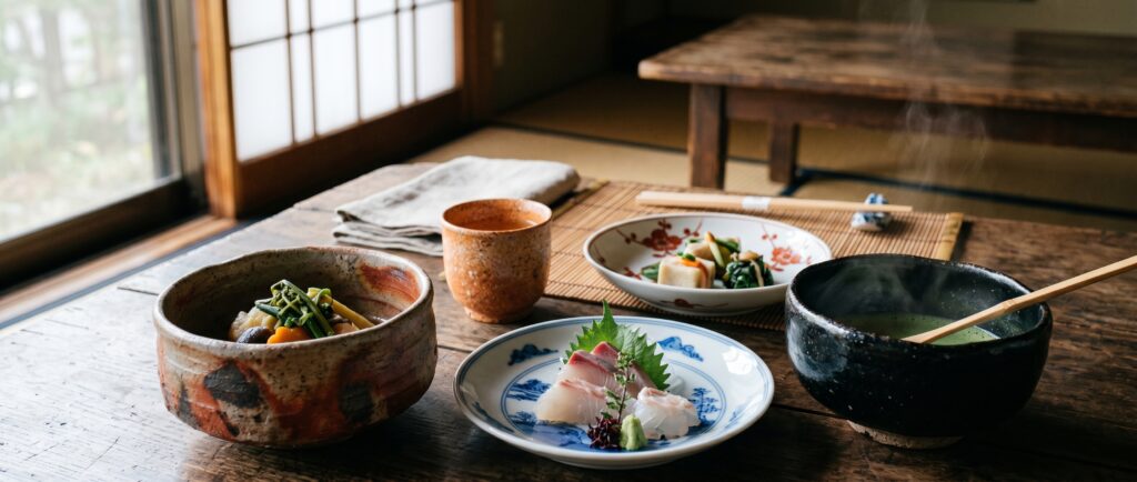 Traditional Japanese ceramics arranged for kaiseki dining, featuring contrast between rustic Bizen pottery with natural ash glaze and pristine white Arita porcelain. A hand-formed Raku tea bowl with matcha, Shigaraki sake cup with feldspar speckles, and Kakiemon dish with red plum motif demonstrate the intimate relationship between vessel and food in Japanese culinary tradition.