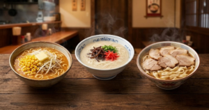 The three major types of Japanese ramen are lined up on a simple wooden counter. From left to right: Sapporo miso ramen with butter and corn; Hakata tonkotsu ramen with thin noodles and red ginger; and Kitakata shoyu ramen with flat, wavy noodles and chashu pork.