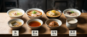 Four bowls of ramen—shio, shoyu, miso, and tonkotsu—with their seasoning bases below