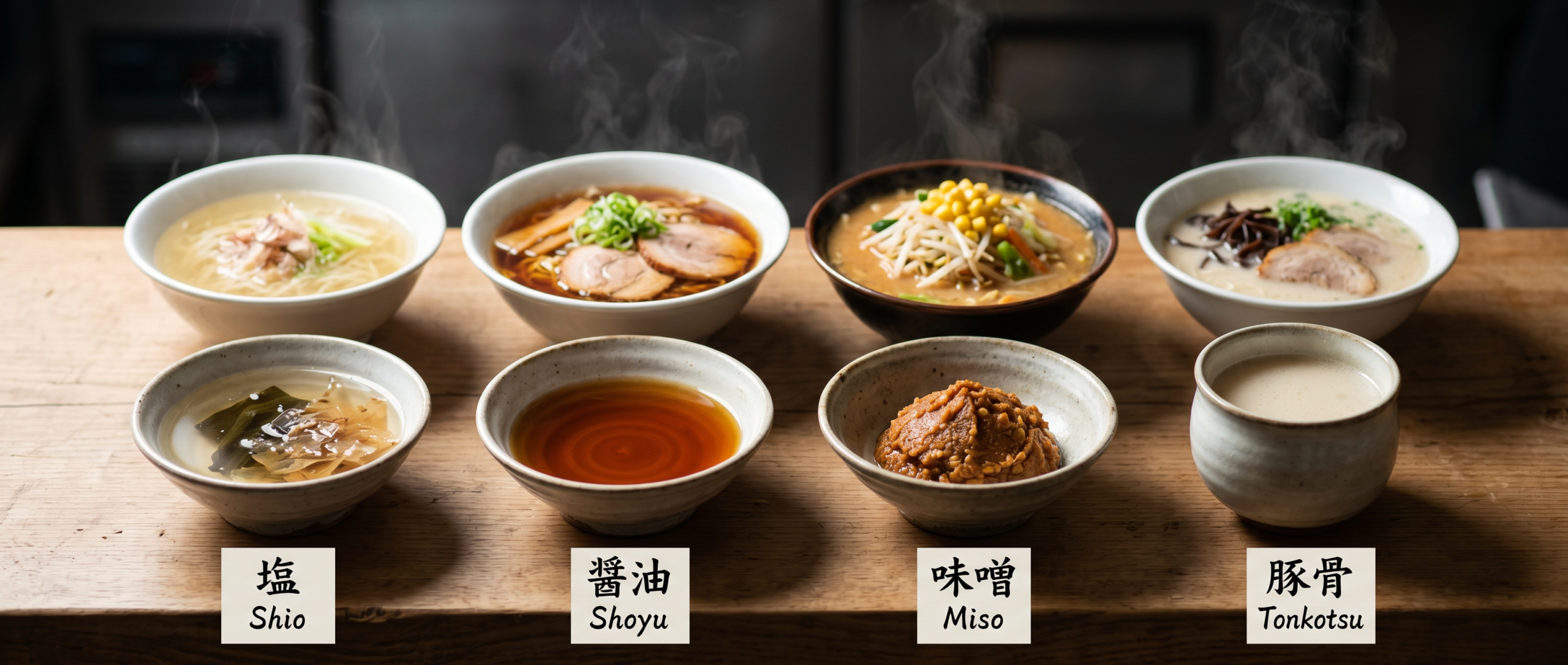 Four bowls of ramen—shio, shoyu, miso, and tonkotsu—with their seasoning bases below
