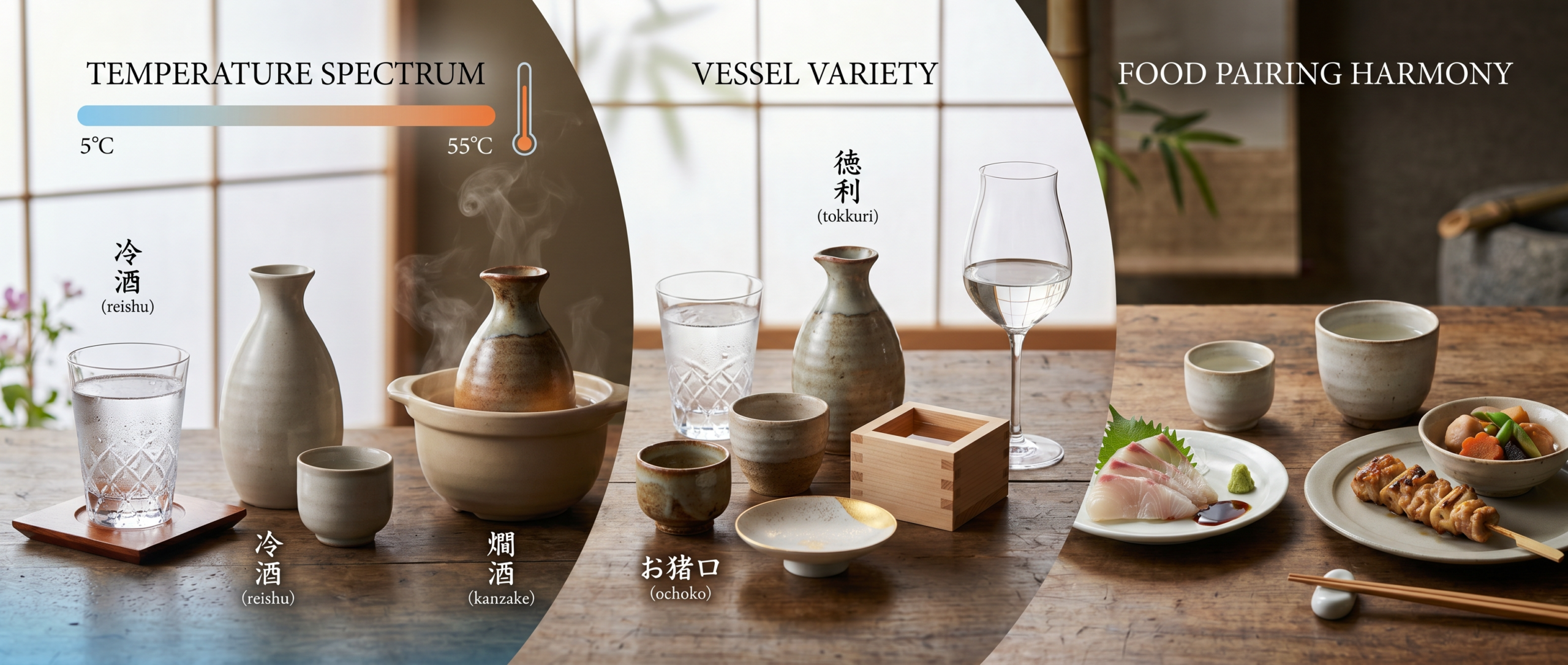 Three-part composition showing sake serving fundamentals: chilled sake in cut glass with condensation versus warm tokkuri in water bath with steam, traditional vessels including ochoko cups and masu box alongside wine glass, and food pairings of delicate ginjo with sashimi versus robust junmai with grilled dishes.