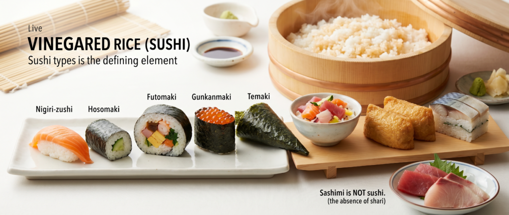 "Comprehensive display of Japanese sushi types including nigiri, hosomaki, futomaki, gunkanmaki, temaki, chirashi, inari, and oshizushi arranged on serving plate, with sashimi shown separately without rice to illustrate that vinegared shari rice defines all sushi forms."