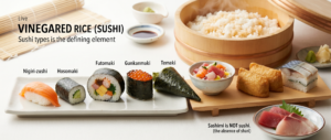 "Comprehensive display of Japanese sushi types including nigiri, hosomaki, futomaki, gunkanmaki, temaki, chirashi, inari, and oshizushi arranged on serving plate, with sashimi shown separately without rice to illustrate that vinegared shari rice defines all sushi forms."