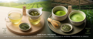 Split comparison showing green tea sencha as clear pale golden infusion with steeped leaves in strainer versus matcha as vibrant green powder whisked into opaque suspension, illustrating that sencha is extracted and discarded while matcha is shade-grown, stone-ground, and consumed whole.