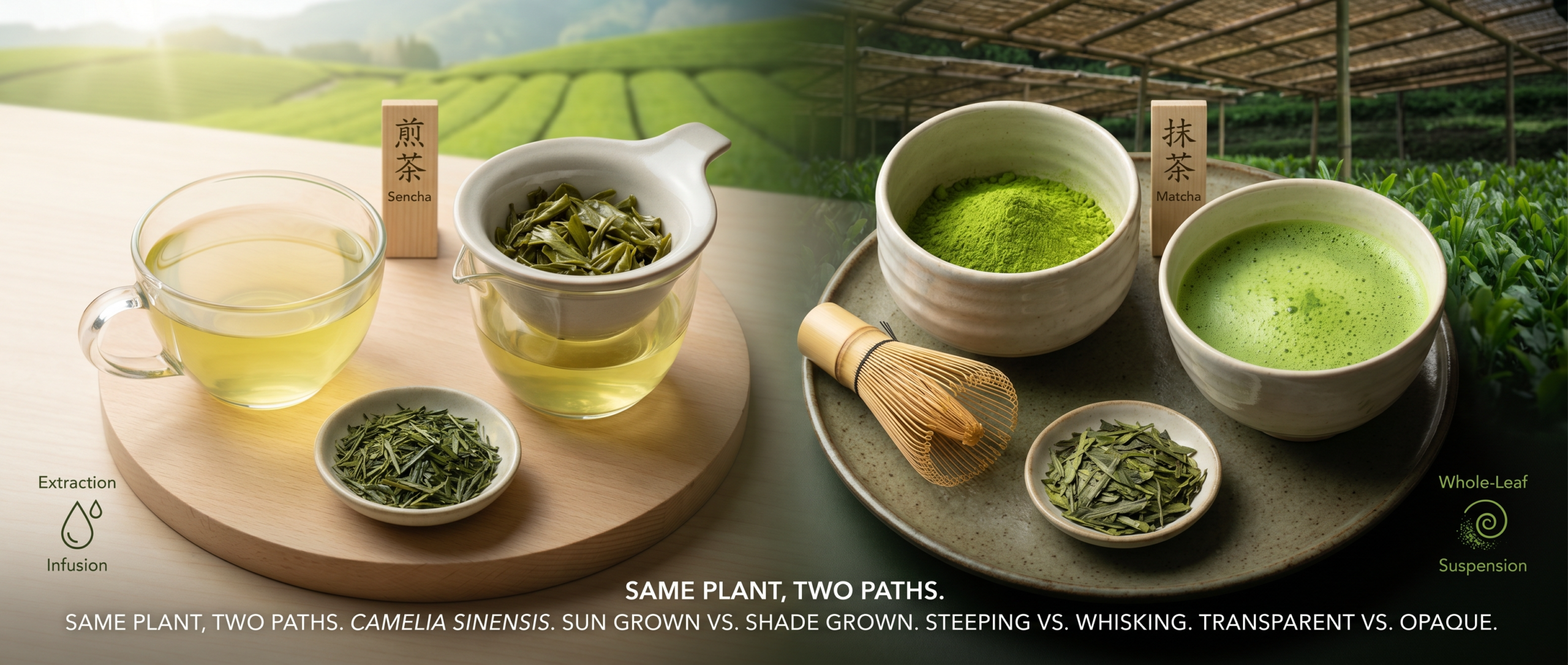 Split comparison showing green tea sencha as clear pale golden infusion with steeped leaves in strainer versus matcha as vibrant green powder whisked into opaque suspension, illustrating that sencha is extracted and discarded while matcha is shade-grown, stone-ground, and consumed whole.