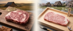 "Side-by-side comparison of American Wagyu crossbred beef showing moderate marbling with Angus influence versus Japanese A5 Wagyu purebred beef displaying ultra-fine snowflake marbling pattern, illustrating the genetic and structural differences between hybrid and purebred wagyu cattle."