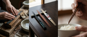 "Three-part composition showing artisan hands polishing Wakasa-nuri lacquered chopsticks with abalone shell fragments emerging from black lacquer layers through wet grinding; still-life of three chopstick traditions including glossy black Wakasa-nuri with shell inlay, plain Yoshino cedar double-tapered rikyū-bashi, and willow iwai-bashi celebration chopsticks with calligraphy sleeve; hand using tapered chopstick to lift single rice grain showing needle-fine tip, illustrating four hundred years of Japanese chopstick craft from sixty-step lacquer artistry to single-use purity and personal ownership."