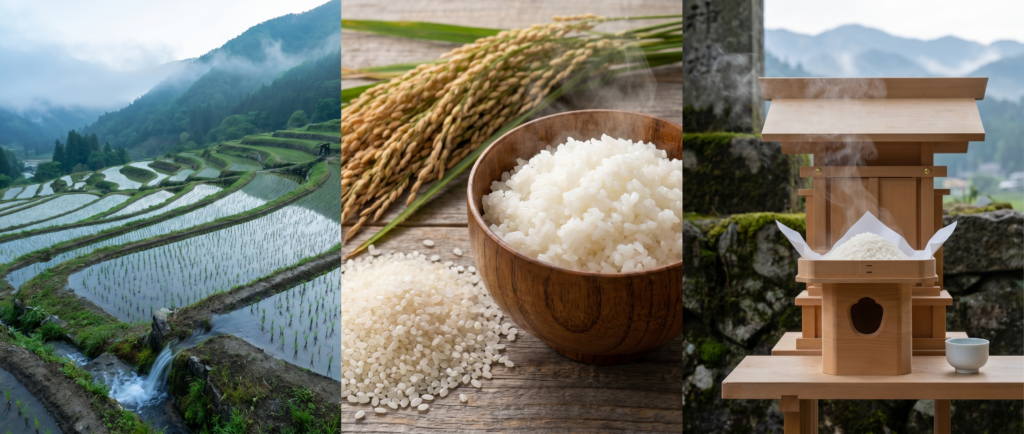 Three-part composition showing terraced rice paddies climbing Japanese mountainside with flooded fields reflecting sky and young green rice plants, close-up of glossy sticky japonica rice in wooden bowl alongside raw grains and rice plant demonstrating high amylopectin character, and Shinto shrine offering of new-harvest shinmai rice with steam, illustrating rice as the organizing principle of Japanese civilization encompassing landscape, religion, and daily life.