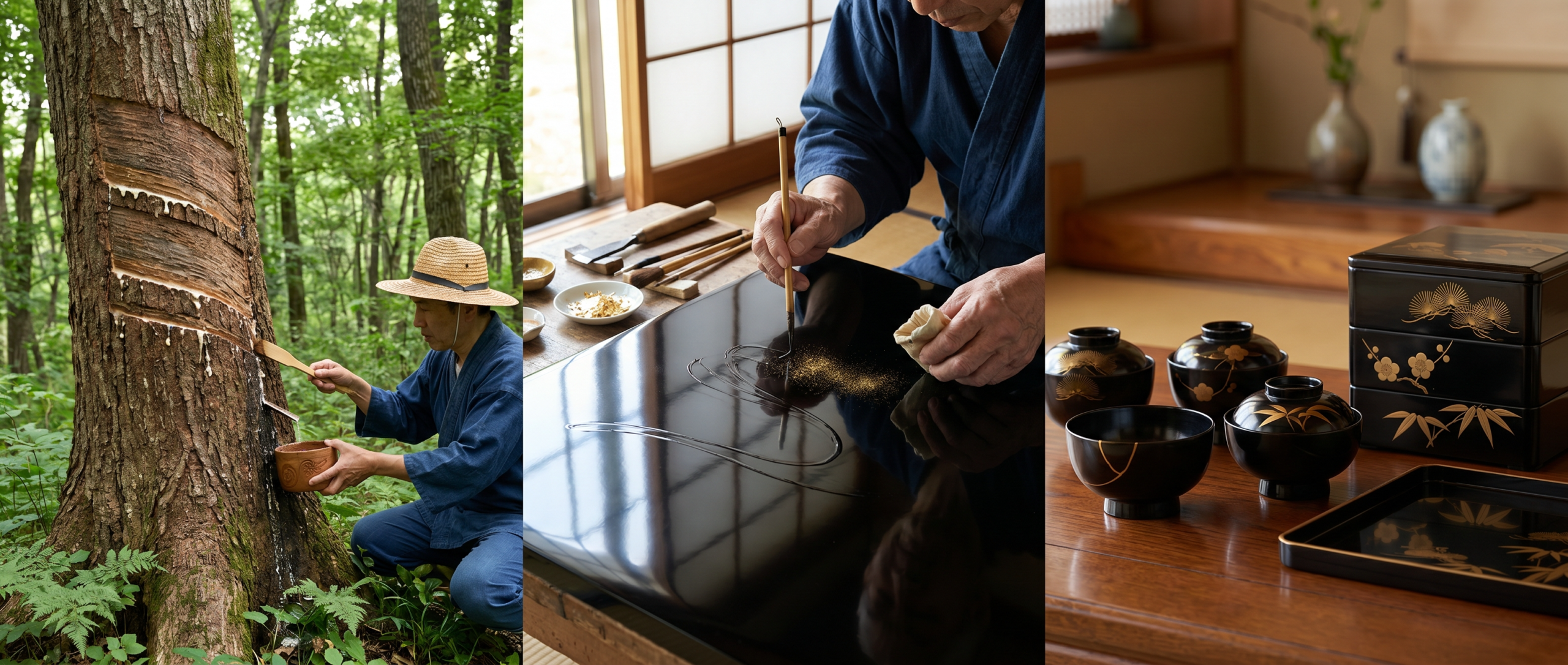 Three-part composition showing urushi tree being tapped for milky lacquer sap in summer forest, artisan's hands applying maki-e gold powder decoration onto mirror-black lacquered surface with fine brush, and set of heirloom black lacquerware bowls and boxes with gold decoration and visible kintsugi repair, illustrating the thousand-year journey from poisonous tree sap to generational treasures meant to outlive their makers.