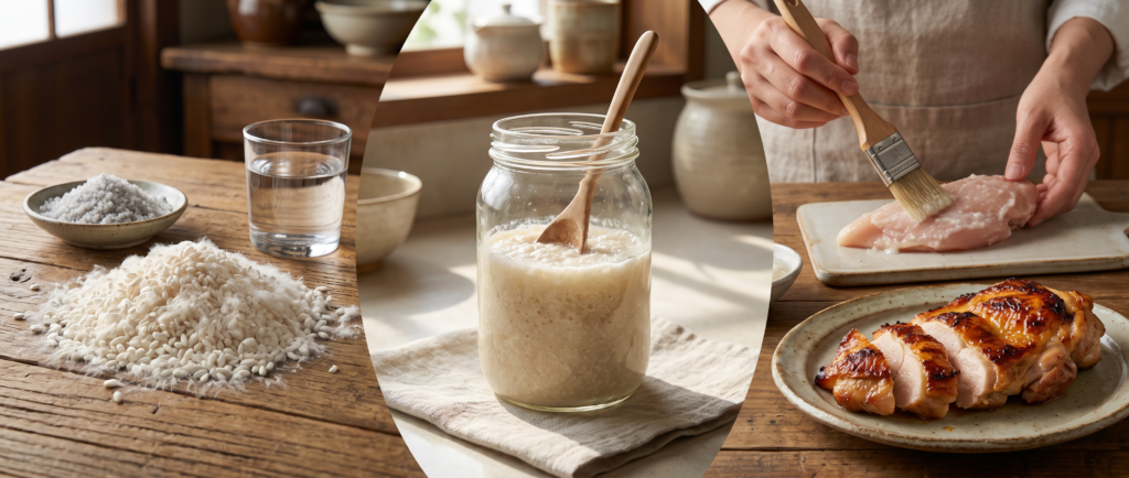 Three-part composition showing fresh rice koji with white Aspergillus oryzae mold, sea salt, and water as raw ingredients; glass jar of pale cloudy shio koji paste mid-fermentation with softened rice grains and wooden spoon; raw meat being coated with shio koji marinade next to finished beautifully browned grilled meat showing tender juicy interior, illustrating the living enzymatic transformation from simple fermented seasoning to enhanced flavor and texture.