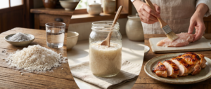Three-part composition showing fresh rice koji with white Aspergillus oryzae mold, sea salt, and water as raw ingredients; glass jar of pale cloudy shio koji paste mid-fermentation with softened rice grains and wooden spoon; raw meat being coated with shio koji marinade next to finished beautifully browned grilled meat showing tender juicy interior, illustrating the living enzymatic transformation from simple fermented seasoning to enhanced flavor and texture.