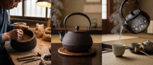 Three-part composition showing craftsman's hands impressing arare hailstone pattern dots into sand-clay mold for tetsubin; traditional Nanbu tekki cast-iron kettle with characteristic raised-dot pattern and arched handle with steam rising from spout; clear softened water being poured from tetsubin into ceramic teacup with visible steam, illustrating 400-year-old Iwate craft that transforms ordinary tap water through bare cast iron chemistry, chlorine removal, and trace ferrous iron dissolution into mellower-tasting heirloom object.