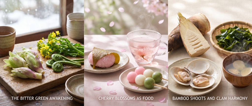Three-part composition showing wild mountain vegetables (butterbur buds, bracken ferns, rape blossoms) with bitter green awakening; sakuramochi wrapped in pickled cherry leaf, sakurayu tea with unfurling cherry blossoms, and pink-white-green hanami-dango with falling petals; fresh-cut bamboo shoot cross-section paired with wakame and perfectly matched hamaguri clam shells in clear soup, illustrating Japanese spring's ephemeral flavors of beginnings, deliberate bitterness, edible cherry blossoms, and fleeting ingredients that will not wait.