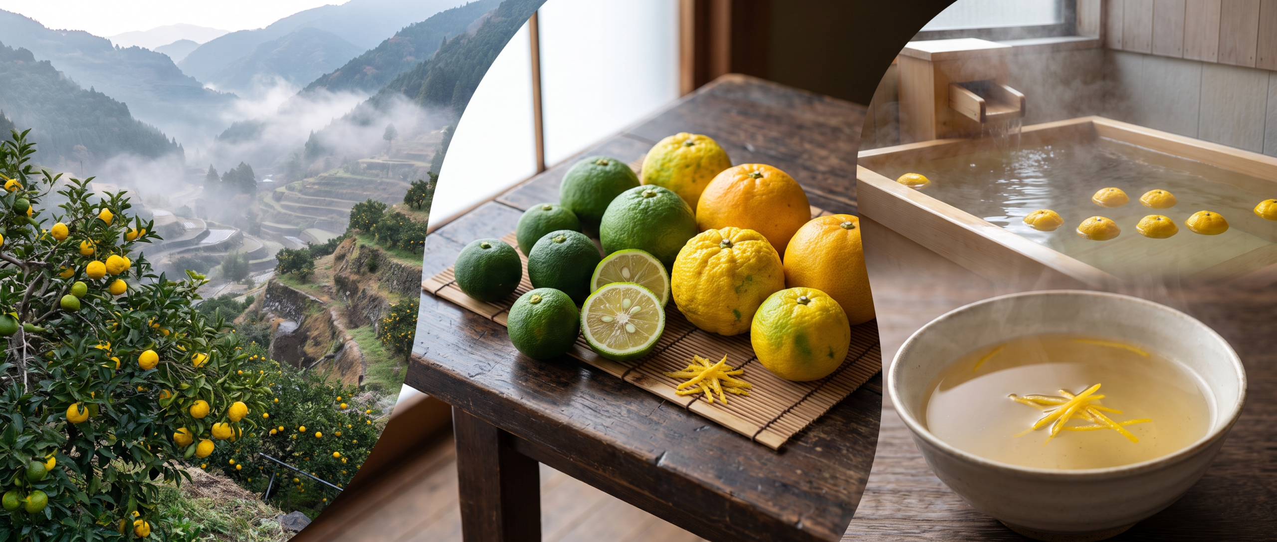Three-part composition showing yuzu trees with yellow and green fruits in steep Shikoku mountain valley with mist and terraces; aromatic citrus family still-life with small green sudachi, larger green kabosu, bumpy yellow yuzu, and orange daidai with grated peel showing minimal flesh and abundant seeds; traditional wooden bathtub with floating yuzu for winter solstice yuzu-yu bath and ceramic bowl with delicate yuzu zest threads, illustrating Japanese philosophy of citrus grown to be smelled rather than eaten as seasoning for fragrance defining cold season.