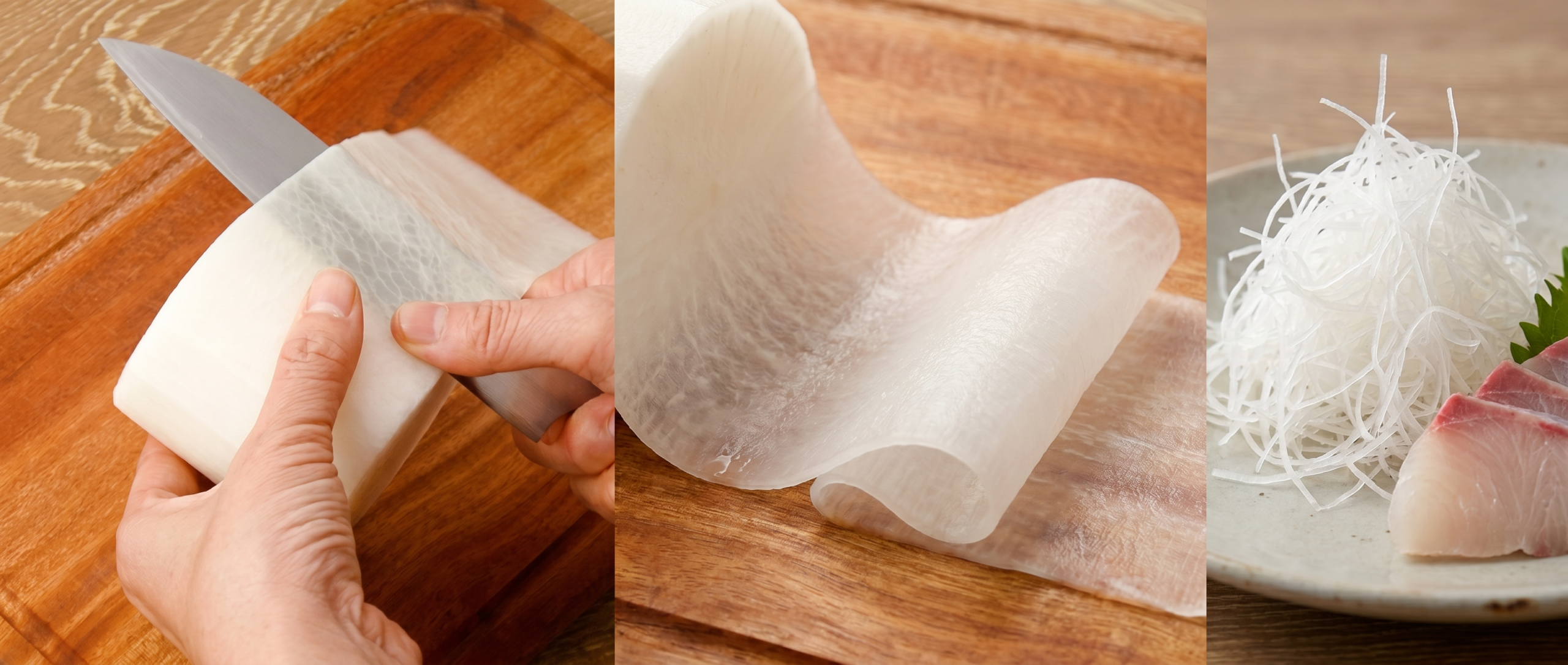 Three-part composition showing skilled hands performing katsuramuki with unmarked usuba knife on diagonal daikon creating translucent sheet, continuous paper-thin daikon ribbon pooling on wooden board, and final hair-thin shreds piled beside sashimi, illustrating Japanese knife mastery.