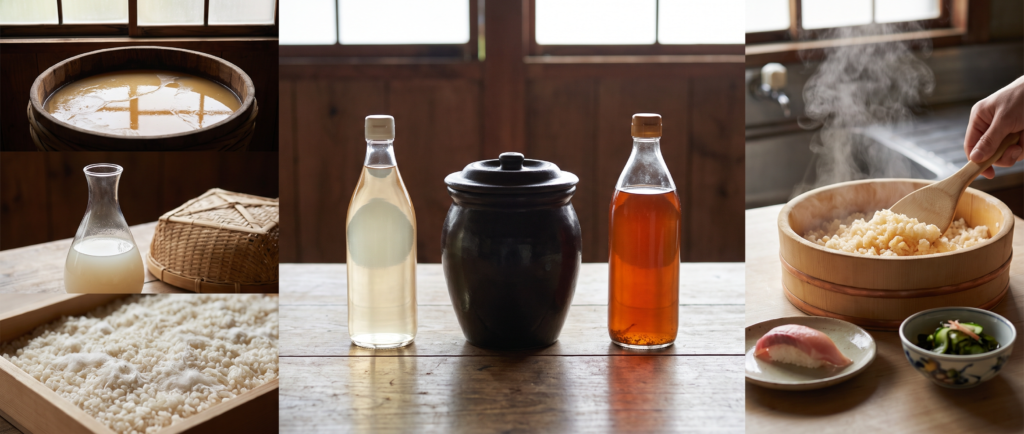 Three-part composition showing two-stage fermentation from rice with koji mold to sake liquid to vinegar with acetic bacteria film on wooden vat surface; three distinct vinegar types displaying pale gold komezu rice vinegar, deep black-brown kurozu aged vinegar, and amber-red akazu sake-lees vinegar; wooden paddle folding vinegar into warm sushi rice in hangiri with golden-tinted shari, nigiri sushi, and sunomono salad, illustrating Japanese rice vinegar as sake deliberately turned sour and the quiet foundation beneath half the Japanese table.