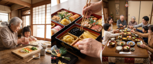 Three-part composition showing grandmother and grandchild preparing food together in traditional Japanese home illustrating knowledge transmission, close-up of carefully arranged osechi New Year dishes in lacquer boxes with symbolic foods, and multi-generational family sharing New Year meal around kotatsu table, depicting washoku as UNESCO intangible heritage focused on social practices of teaching, ritual, and communal sharing rather than specific dishes.