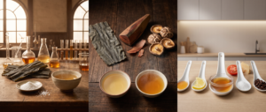 Three-part composition showing 1908 laboratory scene with kombu kelp, glassware, and white glutamic acid crystals extracted by Ikeda; umami trinity of dried kombu (glutamate), katsuobushi bonito (inosinate), and shiitake mushrooms (guanylate) with bowls showing synergy between kombu dashi and awase-dashi; modern presentation of five basic tastes with umami emphasized as the fifth taste, illustrating Japan's scientific discovery of umami that took the world 90 years to accept from kelp broth to international recognition.