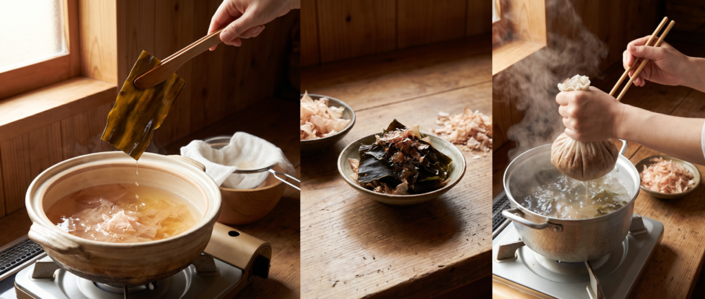 Three-part composition showing ichiban dashi first stock with clear amber liquid, translucent katsuobushi shavings settling gently, kombu lifted before boiling, illustrating restraint and two refusals; center showing spent wet kombu and katsuobushi saved in bowl with fresh shavings for oigatsuo; niban dashi second stock with vigorous boiling, pressing and wringing shavings hard, slightly cloudy robust liquid, demonstrating opposite philosophy of thoroughness and extraction from same ingredients, first refuses to squeeze while second insists on squeezing.