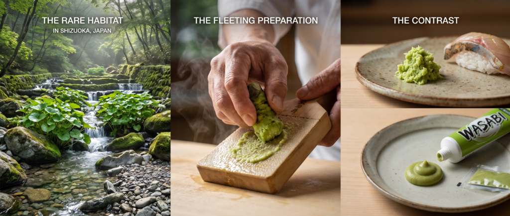 Three-part composition showing pristine mountain stream wasabi cultivation with heart-shaped leaves in terraced flowing spring water using tatami-ishi stone system; chef's hands grating fresh wasabi rhizome on traditional sharkskin grater producing vibrant green paste; side-by-side comparison of authentic freshly-grated hon-wasabi beside sushi versus commercial green paste from tube, illustrating that 95-99% of wasabi consumed worldwide is horseradish imitation and revealing the rarity and fleeting nature of real wasabi.
