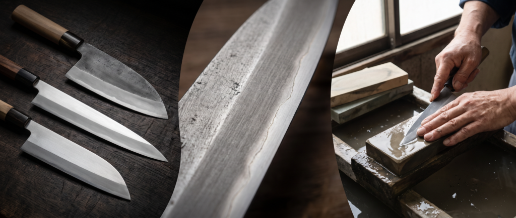 Three-part composition showing three classic Japanese knives (heavy deba, slender yanagiba, delicate usuba) with single-bevel edges and traditional handles; extreme close-up of layered steel construction revealing hard hagane edge layer forge-welded to soft jigane body with visible hamon temper line; hands sharpening Japanese knife on wet whetstone with water and steel swarf, illustrating the soul of Japanese cutlery through two-metal construction, kataba single-bevel geometry, and lifelong maintenance partnership."